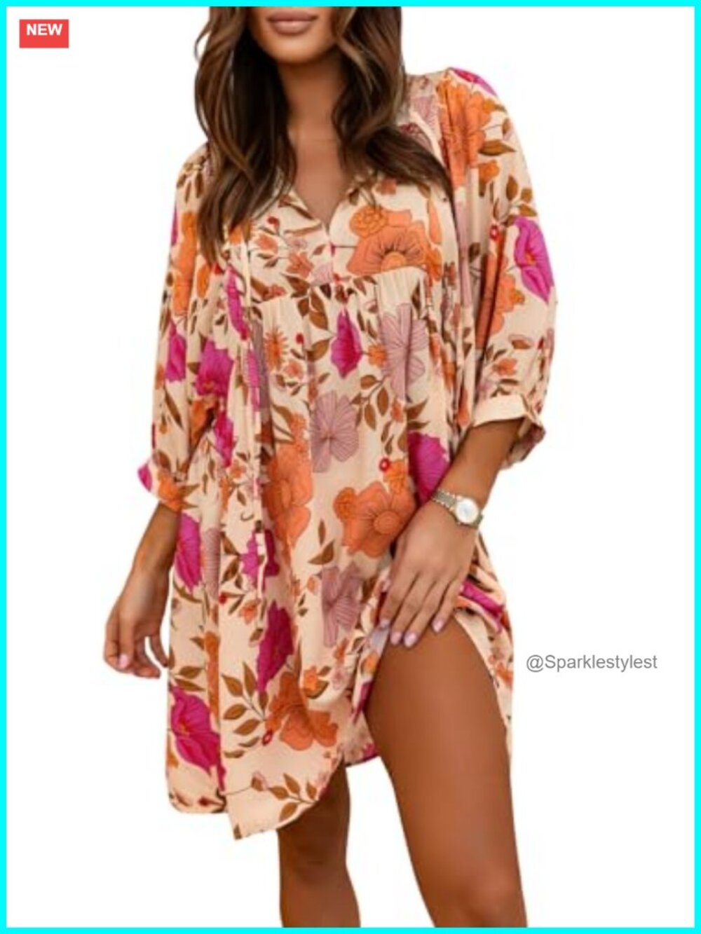 Womens Summer V Neck Half Sleeve Floral Mini Tunic Dress